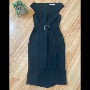 Karen Millen | Black Lace Inset Striped Belt Buckle Cap Sleeve Sheath Dress 6